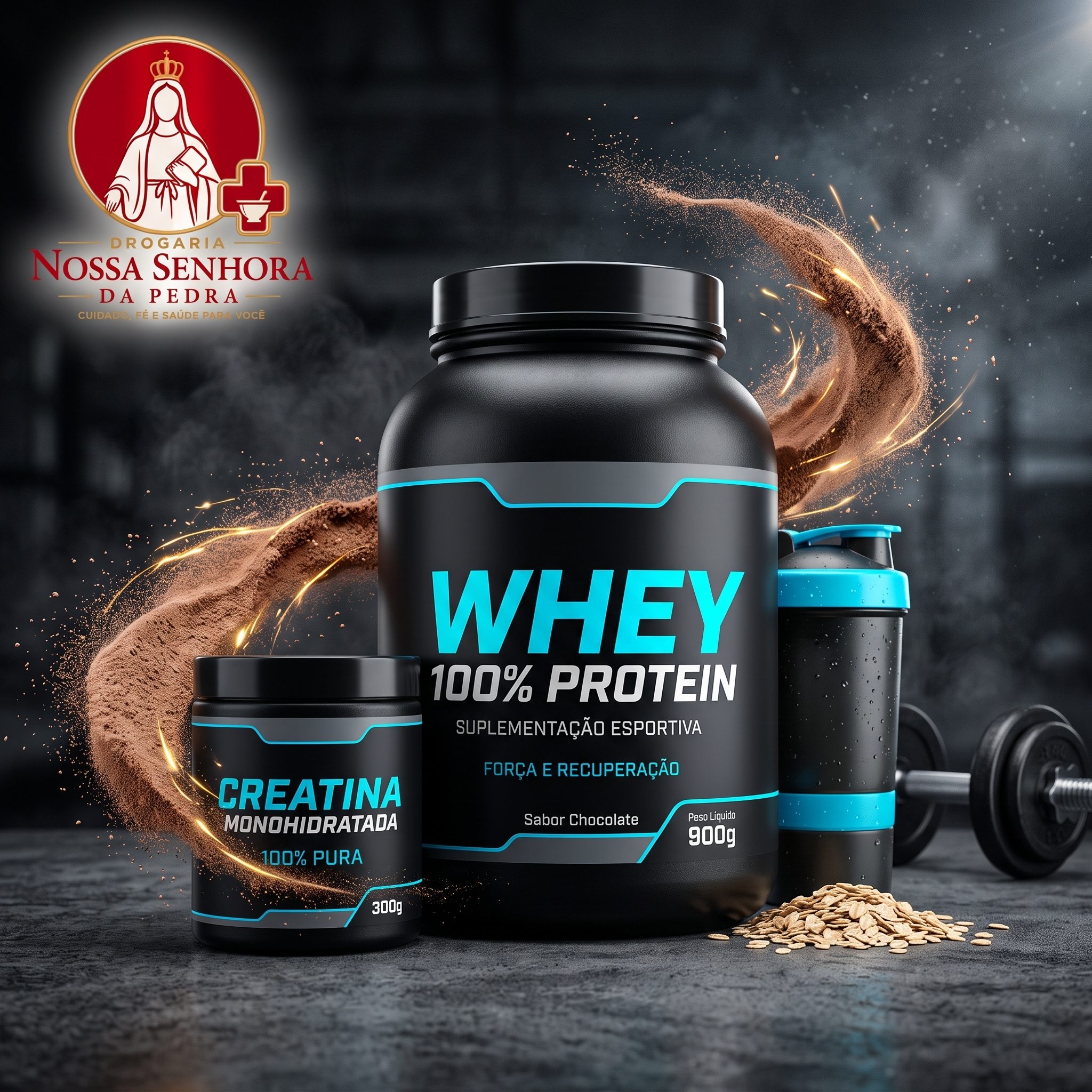 Imagem ilustrativa de whey protein e creatina